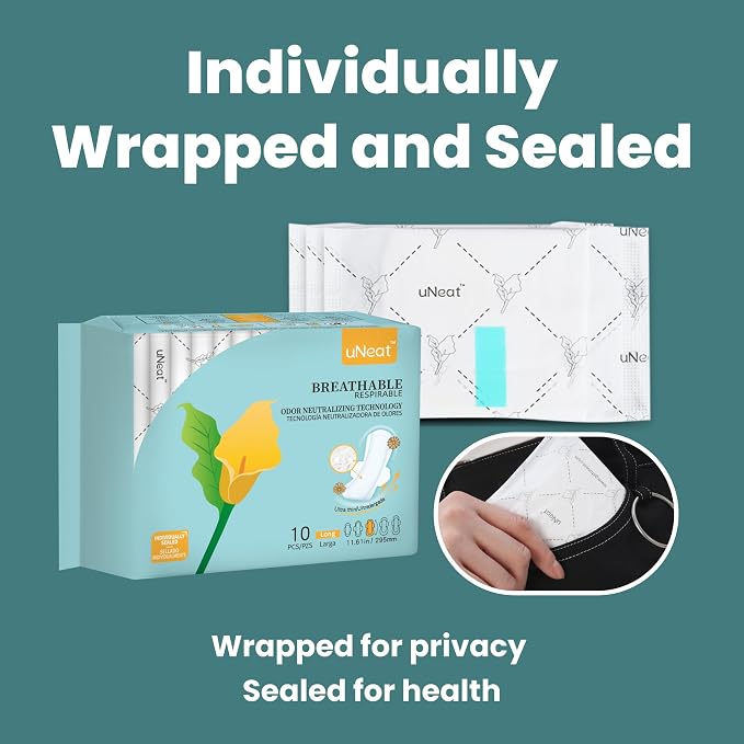 uNeat Ultra Thin Sanitary Pads for Women, Long Overnight Period Pads with Wings, Feminine Care, Heavy Absorbency, Unscented, Sanitary Napkins, (Size 3, 20 Count)