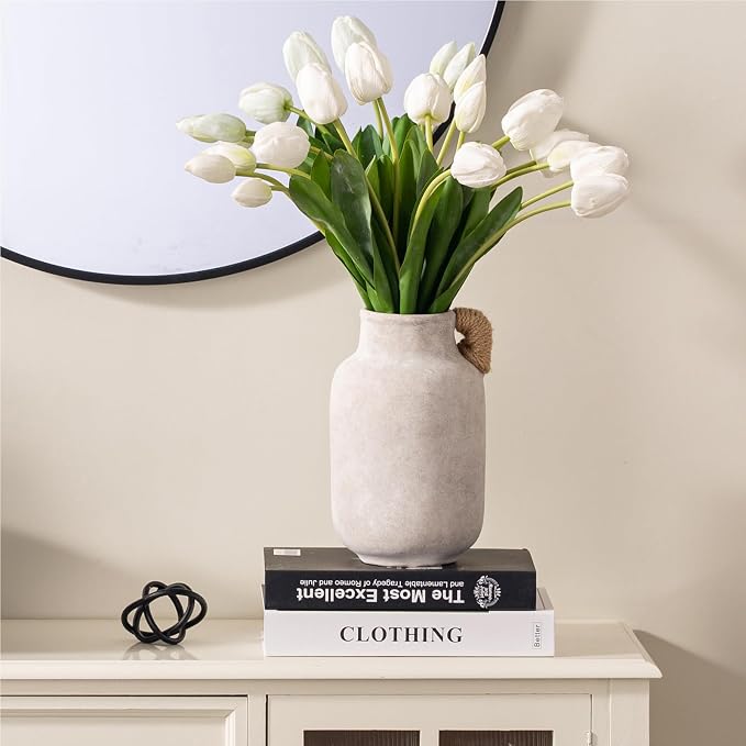 Vanselia Ceramic Flower Vase Home Table Decor Living Room Farmhouse 9.7 in | Large Tall White Rustic Decorative Flowers Vases Plant Modern Decoration for Kitchen Shelf Coffee Dining Centerpieces Desk