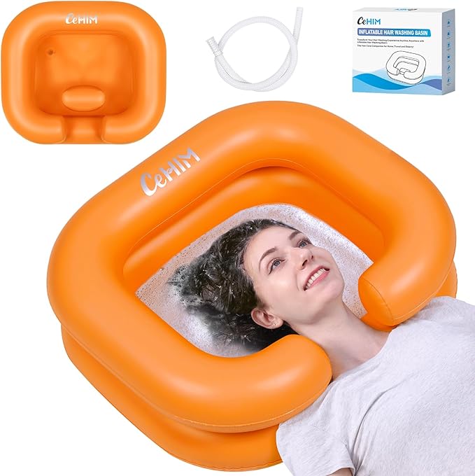 Inflatable Shampoo Basin - Portable Shampoo Bowl, Hair Washing Basin for Bedridden, Disabled,Injured, Hair Wash Tub for Dreadlocks and at Home Sink Washing (Orange)