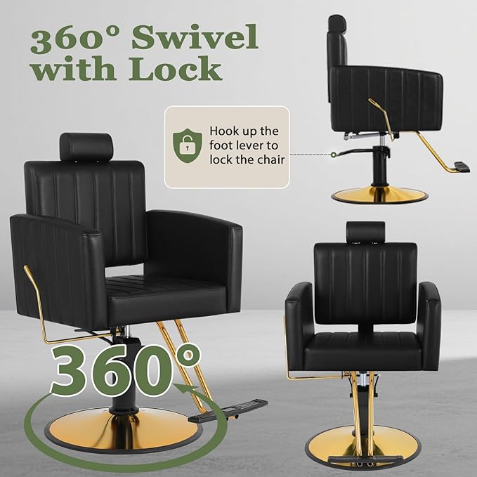 Black and Gold Salon Chair for Hair Stylist, Heavy Duty Hydraulic Barber Salon Chair with Vertical Stitch Design, 360° Swivel, Adjustable Height, Ergonomic Reclining Stylist Chairs for Beauty Salon