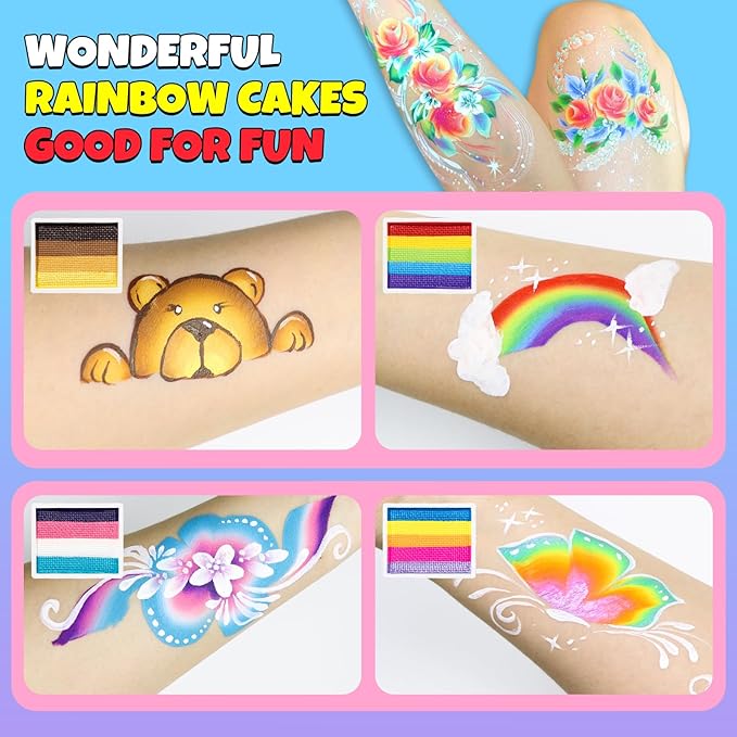 Professional Face Painting Kit for Kids Adults, Rainbow Split Cake Face Paint Makeup Palette 12 x 10gm+ 4 Colors Pro Pressed Glitter Eyeshadow Palette, with Brushes Sponges Stencils Gems
