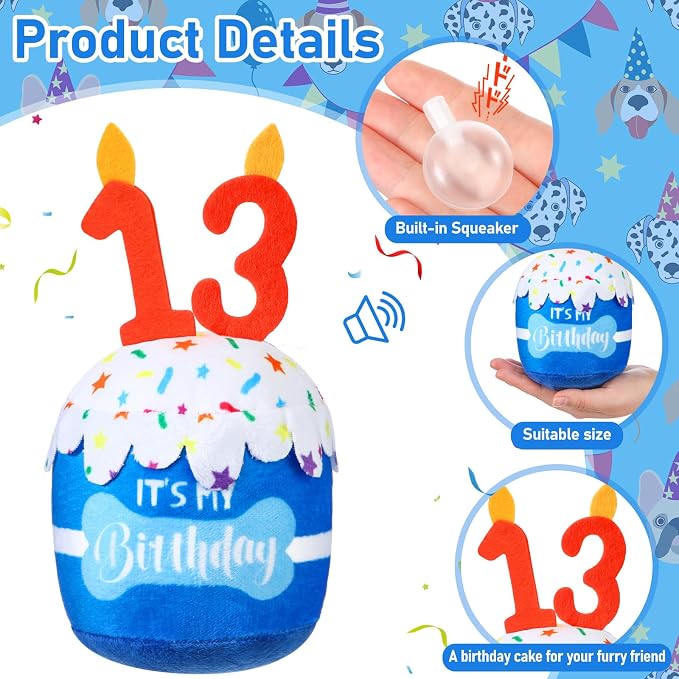Dansydaisy Dog Birthday Cake Toy Squeaky Plush Gift,13th,Blue
