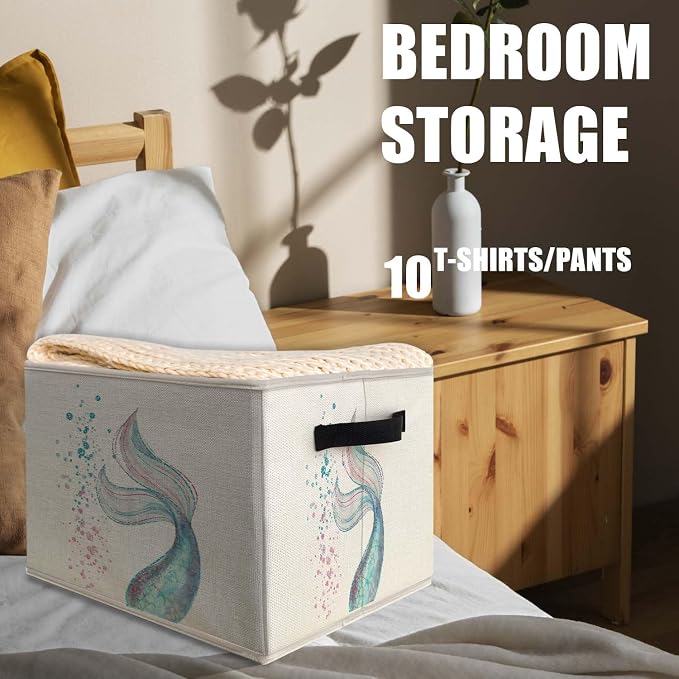 Ocean Mermaid Storage Bins Basket, Toybox for Girls Room, Glitter Mermaid Tail Collapsible Fabric Storage Box Organizer for Bedroom Bathroom Clothes Books Toys