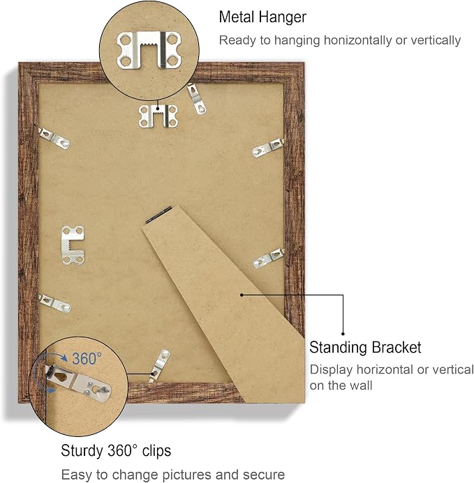 Hongkee 9x11 Picture Frame Set of 4, Made of Real Glass and Rustic Brown Frame - Display Picture 7x9 with Mat or 9x11 Without Mat, 9 by 11 Photo for Wall or Tabletop