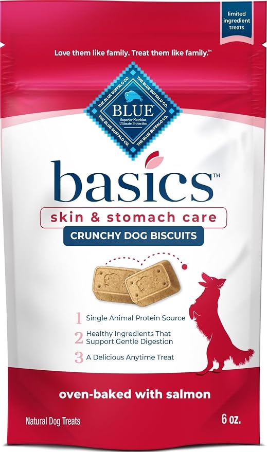 Blue Buffalo Basics Salmon Skin & Stomach Care Dog Biscuits, 6 oz | Real Salmon #1 Ingredient, Limited Ingredient Diet, Antioxidant-Rich LifeSource Bits, Crunchy Treat for All Breed Sizes