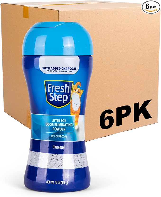 Fresh Step Charcoal Odor Eliminating Cat Litter Box Powder, 15 Oz, 6-Pack | Charcoal formula, sifting cap design, absorbs and neutralizes odor, fresh scent, ideal for multi-cat households