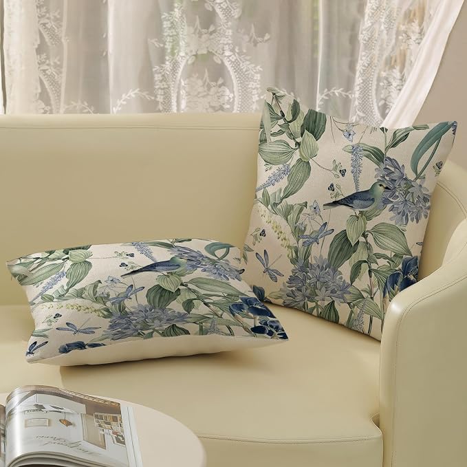 Chinoiserie Pillow Covers 18x18 Set of 2 Blue Green Floral Bird Pillow Cases Vintage Flower Seasonal Outdoor Throw Pillows Linen Farmhouse Chinoiserie Decorative Cushion Case for Couch Sofa