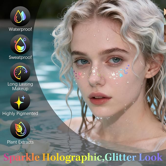 24pcs Christmas Glitter Makeup Patches-Holographic-Face Glitter, Sparkle Speckles Patches for Women, Body Temporary Tattoos,Cute Sparkling,Party Winter Festival Decorations