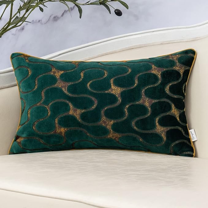 Green Throw Pillow Cover Wavy Cushion Cover Modern Zippered Rectangular Pillowcase for Sofa Couch Bedroom Living Room Home, 12x20 Inch