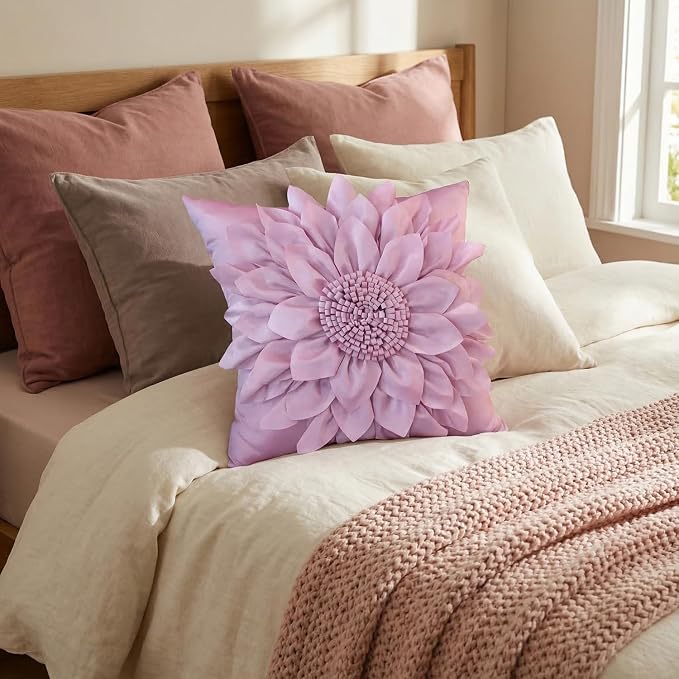 Purple Accent 3D Flower Decorative Throw Pillow Covers for Bed Sofa Couch | Bella's Giftshop Handmade Sunflower Floral Pillow Cases Living Room Bedroom Decor, Standard Size 18x18 Inch