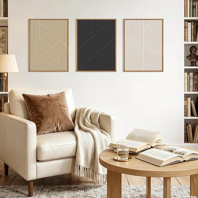 BINCUE Framed Neutral Wall Art Black Geometric Artwork Abstract Wall Decor for Living Room Bathroom Bedroom Office 12x16 Inch Set of 3