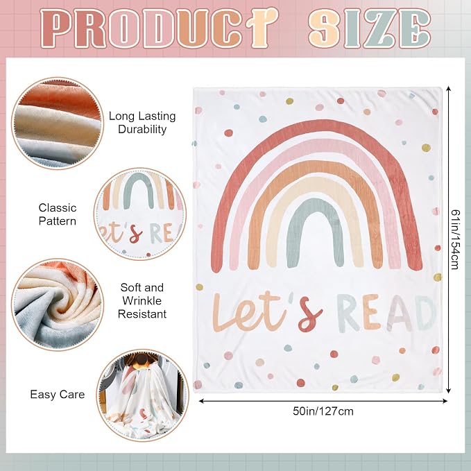 Back to School 50'' x 60'' Rainbow Read Throw Blanket Classroom | Reading Corner Decor Blanket Boho Let's Read Decor for School Reading Corner Supplies Playroom Bedroom Library
