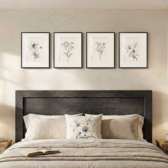 Framed Black and White Botanical Wall Art for Bathroom, 4 Piece 11x14 In | Minimalist floral wall decor, Vintage boho flower pictures, Plexiglass with mat prints, Living room office hallway decor
