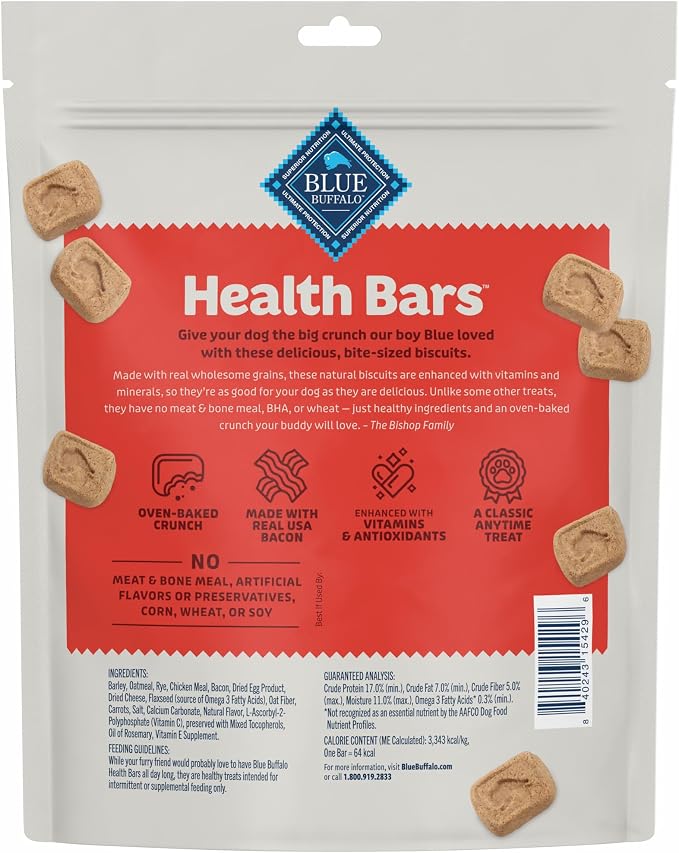 Blue Buffalo Health Bars Mini Crunchy Dog Biscuits,Oven-Baked with Natural Ingredients,Bacon,Egg & Cheese,16-oz Bag,(Pack of 2)