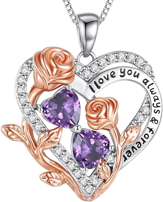 I Love You Birthstone Necklace, 925 Sterling Silver Heart Pendant with CZ Diamond Stones, Birthday Gifts for Women, Romantic Gift for Wife, Girlfriend, Her, Anniversary, Valentine's Day, Christmas