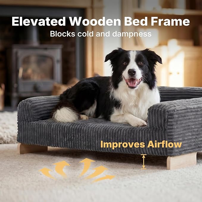 Veehoo Elevated Dog Bed Indoor, Wood Furniture Style Dog Couch Sofa | Small medium dogs sofa, sturdy wood frame, washable cover, easy assembly, supportive foam