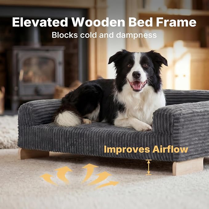 Veehoo Elevated Dog Bed Indoor, Wood Furniture Style Dog Couch Sofa | Small medium dogs sofa, sturdy wood frame, washable cover, easy assembly, supportive foam