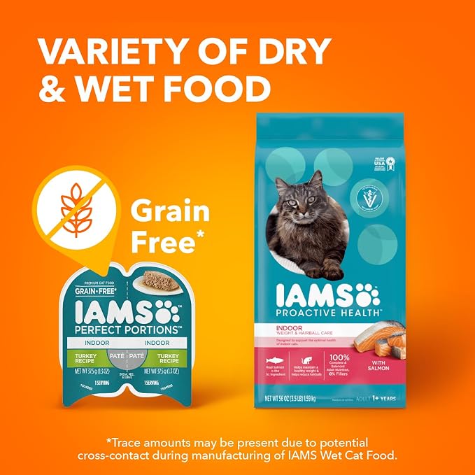 IAMS Perfect Portions Indoor Adult Grain Free Wet Cat Food Pate, Turkey and Salmon Recipe, 2.6 oz. Twin-Pack Trays (12 Count, 24 Servings) (Pack of 4)