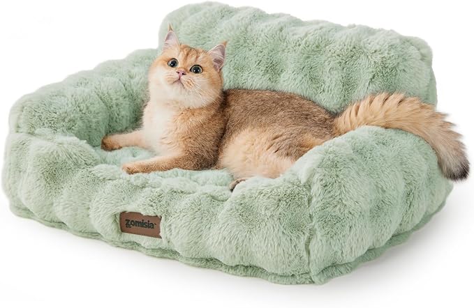 ZOMISIA Orthopedic Cat Couch Bed for Indoor Cats, Removable Washable Cover | 24x18'' Cute Cat Sofa Bed, Neck-Friendly Bolster, Pet Couch Bed with Supportive Egg Foam for Small Dogs Puppy Kitten, Green