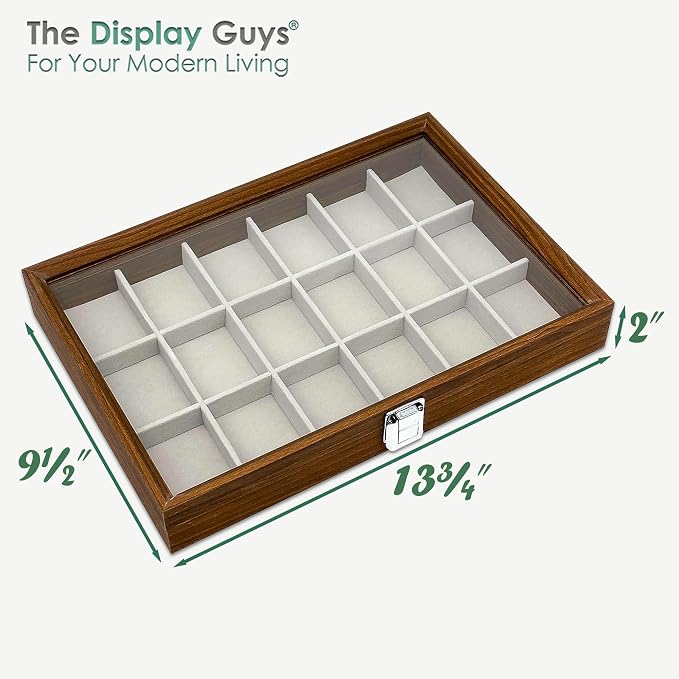 Wooden Travel Jewelry Box w. Tempered Glass Display Lid - Earrings Storage - 18-Compartments Velvet Organizer (Dark Oak) by The Display Guys