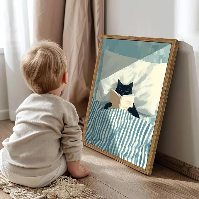 Framed Funny Black Cat Wall Art, Whimsical Cat in Stripe Bed Reading Wall Decor Painting Cute Animal Book Lover Poster Canvas Print for Bedroom Living Room 12x16 inch Wood Framed