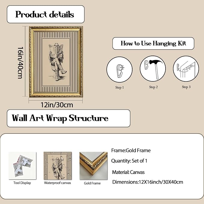 Gold Framed Funny Cowgirl Bathroom Wall Art Western Cowgirl Reading Newspaper on Toilet Wall Decor, Farmhous Vintage Cowboy Bathroom Poster Canvas Painting Print Picture 12x16 inch