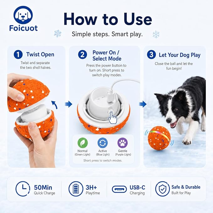 Interactive Dog Ball Toy, 3 Modes, LED, Sound & Vibration, USB-C