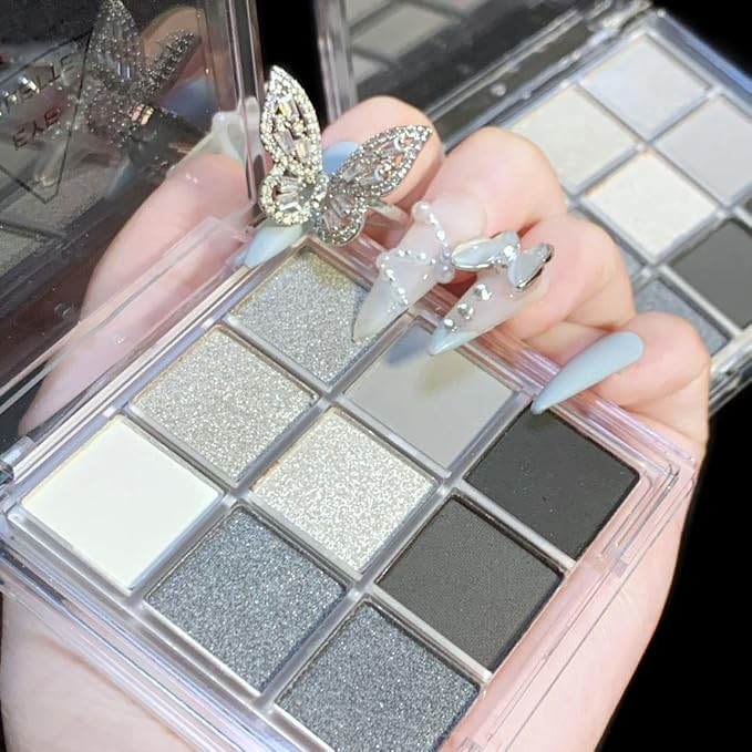 URQT Smoky Silver Eclipse Eyeshadow Palette – 9 Silver, Gray & Black Shades with Matte & Metallic Finishes, High Pigment Blendable Formula for Smoky Eye Looks