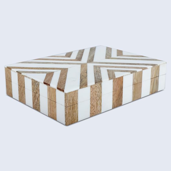 Handicrafts Home White Decorative Storage Box with Lid Wooden Desk Organizer Box Office Storage Box for Workspace Desk Decor Organizer – Resin Inlay Marquet Chevron Collection - 5x7x1.5