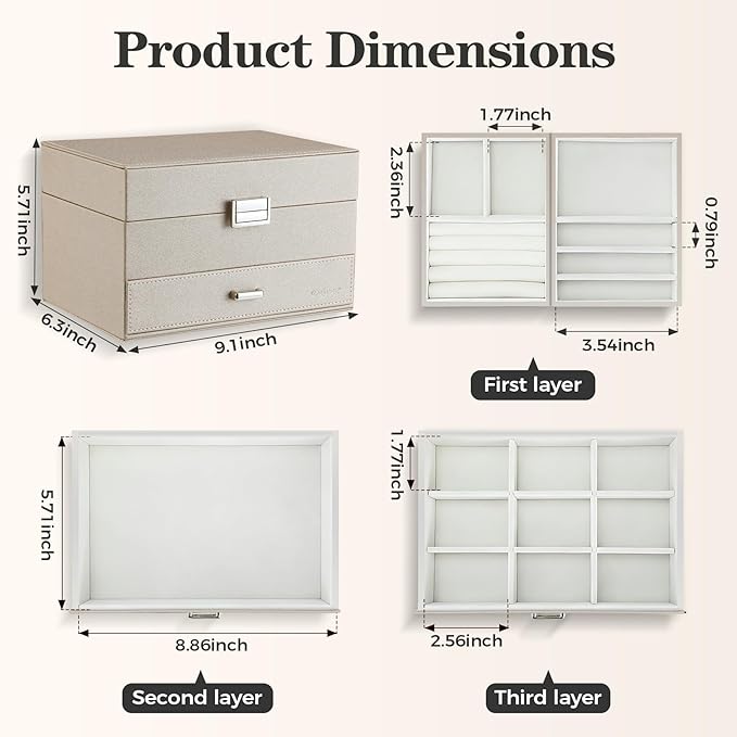 Jewelry Organizer Box, Large Jewelry Boxes for Women Girls, Space-Saving 3 Layers Jewelry Storage Case with Drawer, Movable Metal Stand, Modern, Gift Idea (Champagne)
