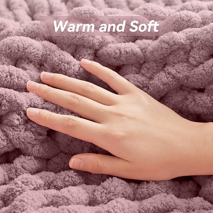 Negwoo Chunky Knit Throw Blanket, Knitted Throw Chenille Yarn, 40"*50" | Soft Thick Cable Knitted Blankets, Handmade Big Thick Blanket, Machine Washable Cute Comfy Blanket for Home Decor, Muted pink