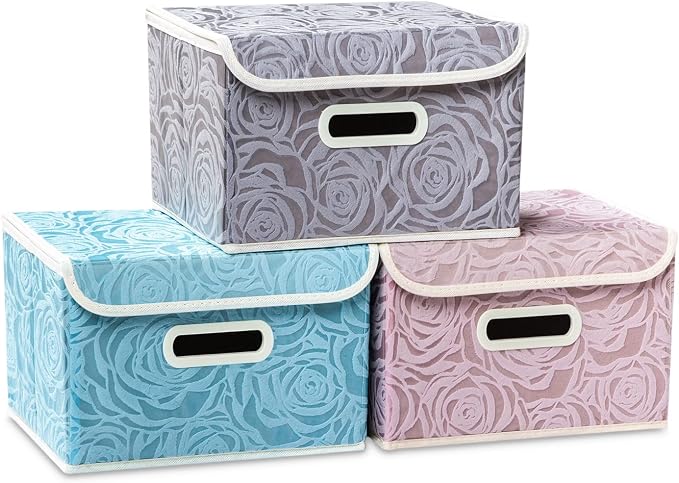 Collapsible Storage Boxes with Lids Fabric Decorative Storage Bins Cubes Organizer Containers Baskets with Cover Handles Divider for Bedroom Closet Living Room 9.8x7.9x6.7 Inch 3 Pack