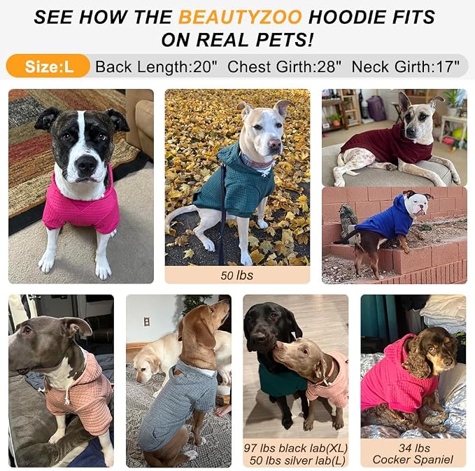 BEAUTYZOO Dog Hoodies Sweater for Large Dogs,Waffle‑Like Laminated Pet Coat | Warm Dog Sweatshirt with Pocket & Leash Hole,Pullover Clothes for Girl Boy Dogs,Stretchy & Easy‑On‑Off,Labrador & Great Danes