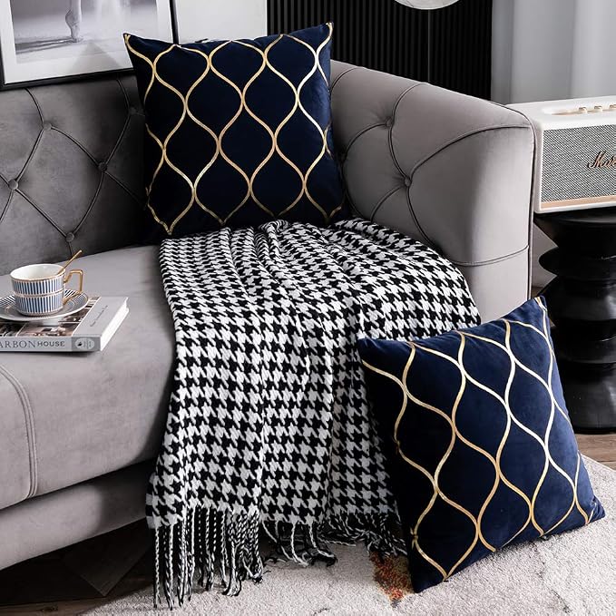 Gold Velvet Throw Pillow Covers Navy: 2 Pack 20x20 Inch Square Decorative Pillow Cases for Bedroom Sofa Couch Living Room