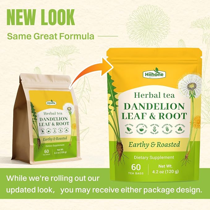 Hiihone Dandelion Root & Leaf Tea Bags 60 Count – Caffeine-Free Dandelion Herbal Tea, Supports Liver Cleanse, Detox & Digestion, Roasted Dandelion Root Tea, Natural Non-GMO