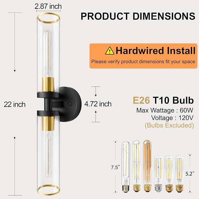 Wall Sconces Set of Two, Black and Gold Bathroom Wall Sconces with Clear Glass,Hardwired Modern Sconces Wall Decor Set of 2 Wall Light for Bathroom Mirror Bedroom Living Room Hallway Vanity