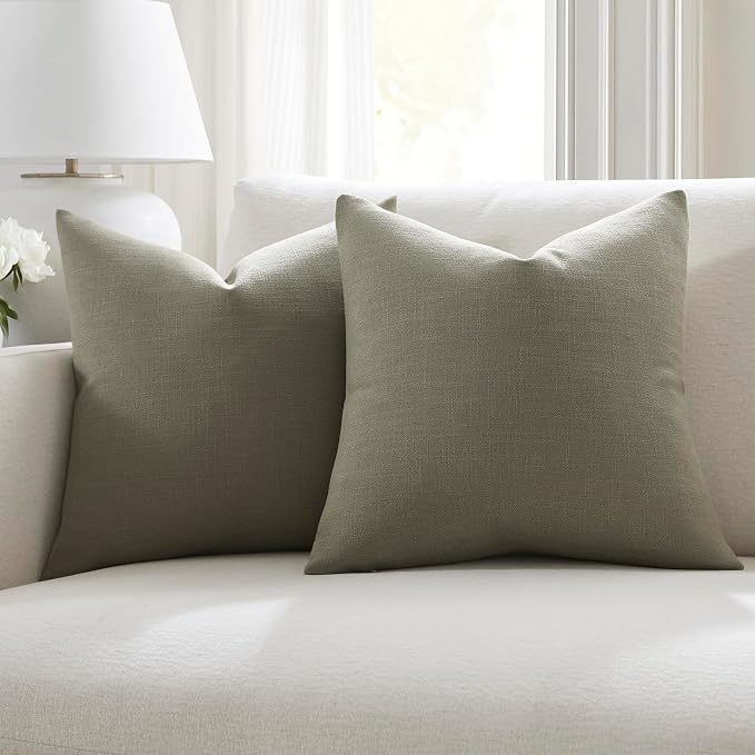 Meekio Set of 2 Forest Sage Throw Pillow Covers 20x20, Modern Farmhouse Linen Blend Decorative Pillow Covers for Couch Sofa Bed, Neutral Home Decor