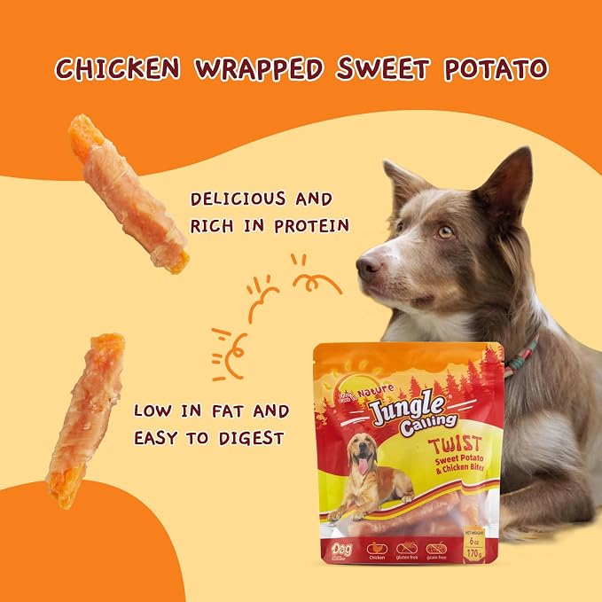 Jungle Calling Chicken & Sweet Potato Dog Treats, Rawhide Free Soft Chews | Natural High-Protein Training Treats, Grain-Free, Stomach-Friendly, No Artificial Colors, Ideal for Daily Rewards, 6 Oz