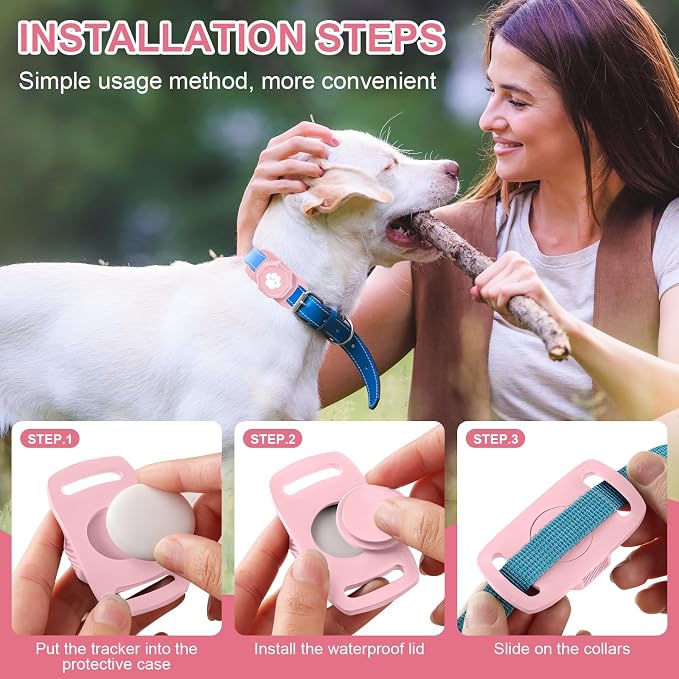 Smart Pet Tracker for Collar - Dog Tracker Pet Location Tracker with Holder | Real-Time Location, No Monthly Fee/ SIM Card, Work with Android Only (Not for IOS), Ultra-Slim, IP68 Waterproof Holder, Pink