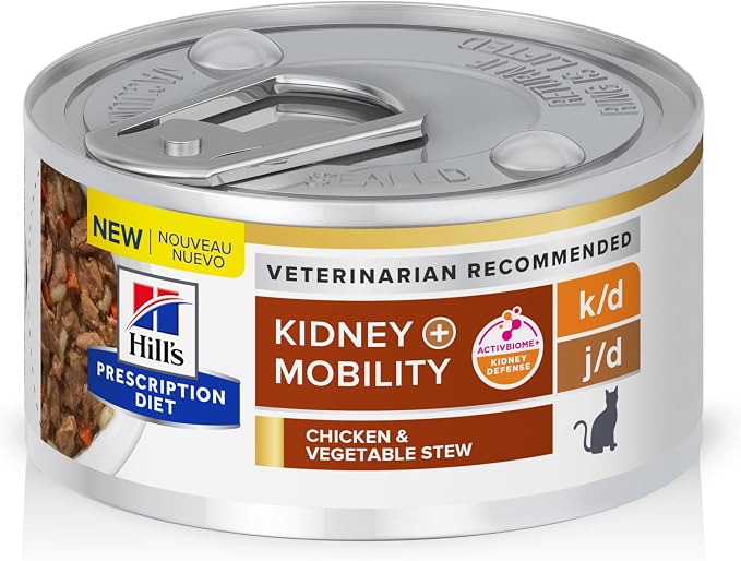 Hill's Prescription Diet k/d Kidney Care + j/d Mobility Care Wet Cat Food | #1 Veterinarian Recommended, Chicken & Vegetable Stew, 2.9 oz. Cans, 24-Pack