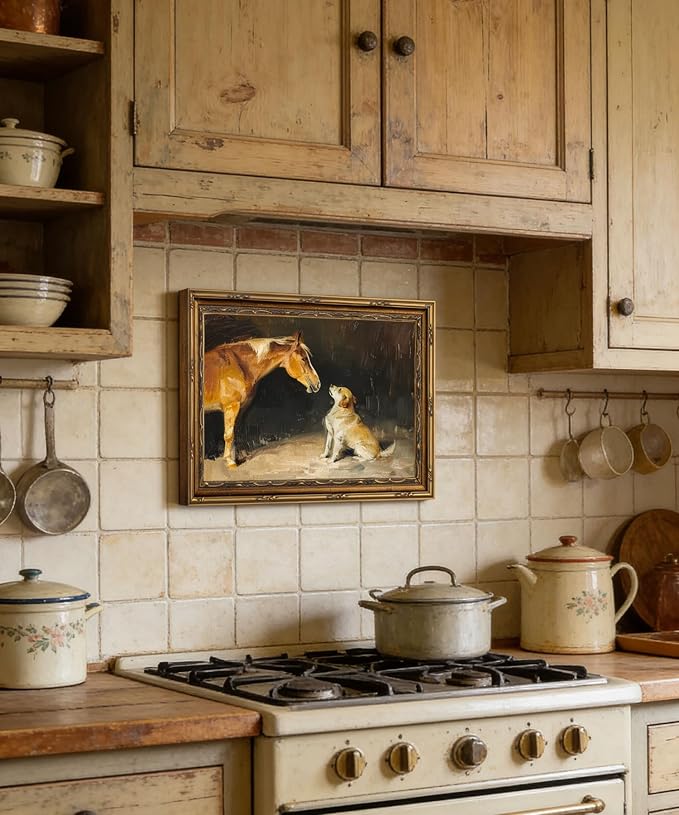 Gold Framed Wall Art Vintage Horse and Dog Wall Art Country Farmhouse Animals Wall Decor Picture Rustic Antique Gallery Aesthetic Poster Print for Bedroom Living Room 9x11in