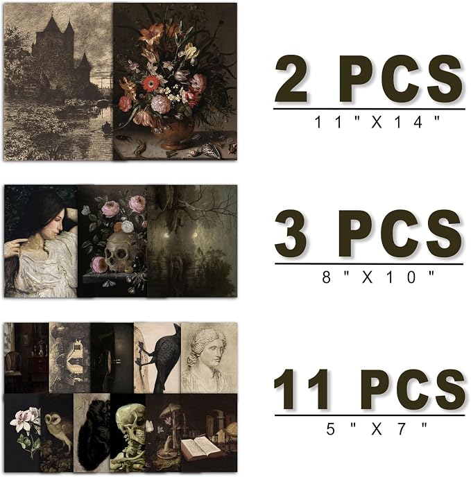 16 PCS Dark Academia Room Decor, Gothic Home Decor, Moody Wall Art Prints for Bedroom, Witchy Posters for Room Aesthetic, Wall Collage Kit Pictures for Living Room, Halloween Dorm Gallery Decor
