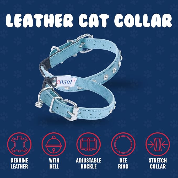 Rhinestones Cat Collar, Genuine Leather Kitten Collar, Sturdy Breakaway Cat Collar, Water-Resistant Cat Collar with Bell & Elastic Stretch, Baby Blue, 10 x 1/2 inches - Angel Pet Supplies