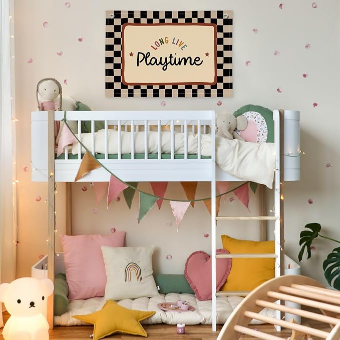 XYDEG Playroom Wall Decor, Black and White Checkered Toddler Playroom Decor Hanging Linen Banner,Play Room Wall Art for Nursery Kids Boy Girl Room Bedroom, 30x20 Inch