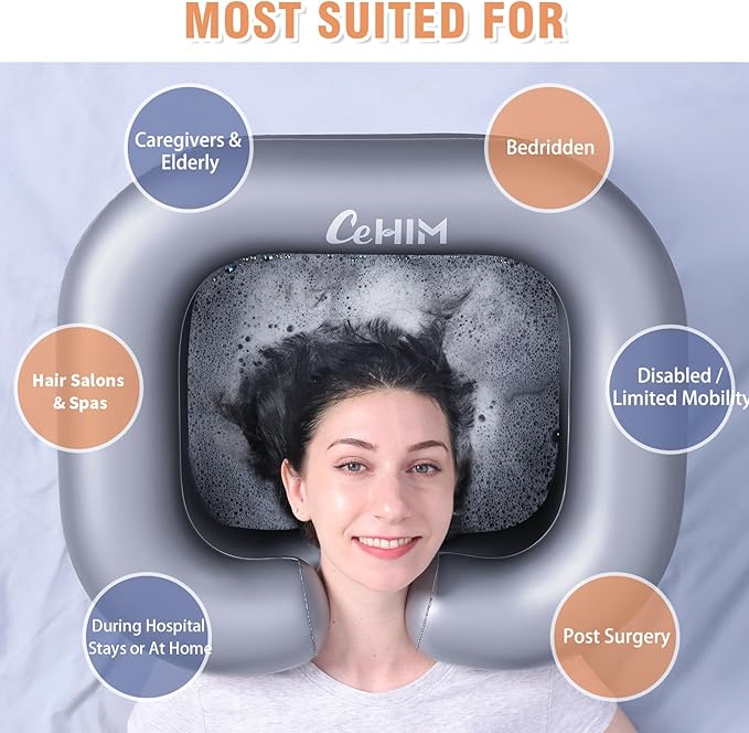 Inflatable Shampoo Basin - Portable Shampoo Bowl, Hair Washing Basin for Bedridden, Disabled,Injured, Hair Wash Tub for Dreadlocks and at Home Sink Washing (Silver)