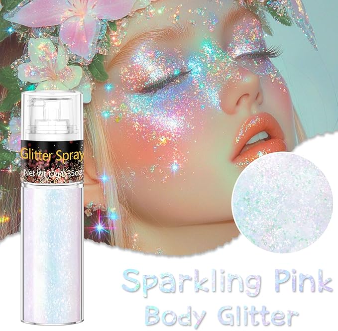 Hair and Body Glitter Spray, Holographic Glitter Highlighter Powder, Face Body Clothes Shiny Glitter, Loose Shimmer Hairspray Festival Rave Prom Accessories (Sparkling Pink)