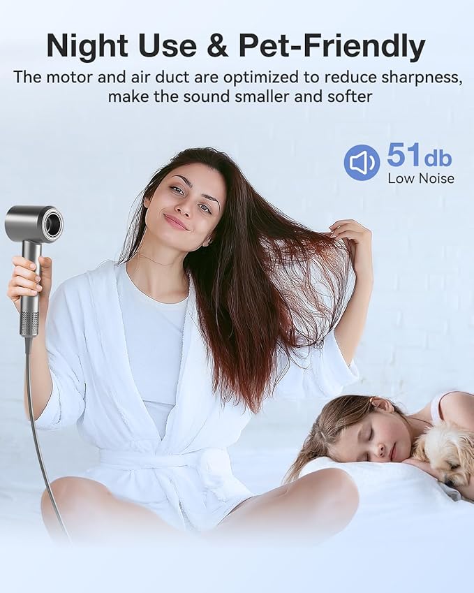Hair Dryer, High-Speed Ionic Low Noise Blow Dryer with 160000 RPM Motor for Fast Drying, Thermo-Control Portable Hair Blow Dryer with Magnetic Nozzle for Home Travel Salon (P2306F Grey)