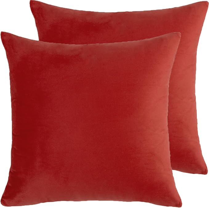 Velvet Decorative Throw Pillow Covers, Soft Square Cushion Case Home Decor for Living Room Couch Bed Sofa, Set of 2 Pack, Christmas Red, 18x18 Inch