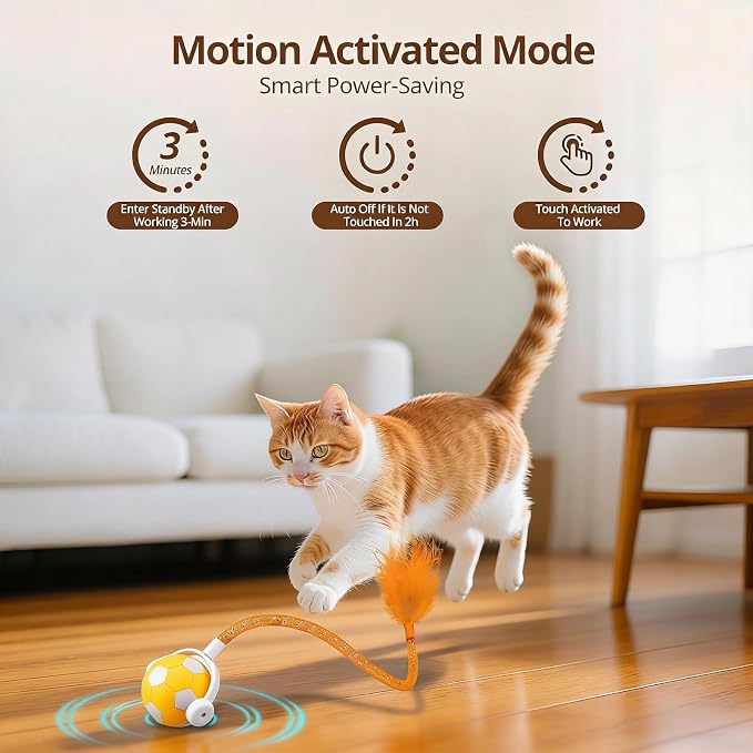 XRG Interactive Cat Toys for Indoor Cats, Automatic Moving Cat Ball Toy with Mesh Tail & Feather, Motion Activated Kitten Toy for Bored Adult Cats, Two Metal Bells, Low Noise Design(Yellow and Orange)