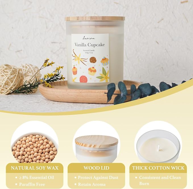 Vanilla Cupcake Scented Candle, 11oz 60 Hour Burn, Natural Soy Wax with Thick Cotton Wick, Highly Scented Aromatherapy Candle for Stress Relief & Meditation, Gifts for Women & Men